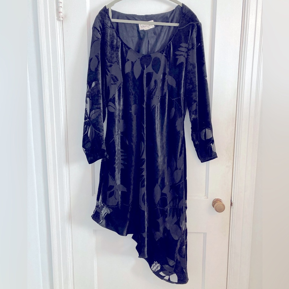 Vintage Whimsigoth Burnout Velvet Dress, Long Sleeves, Asymmetrical‎ Hem, Floral
